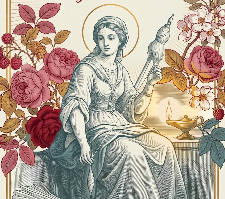 Grabado de una mujer con halo dorado hilando con un huso, junto a una lámpara de aceite, rodeada de rosas y frambuesas.